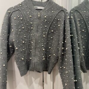 Zara Gray cardigan Sweater with Pearl Details